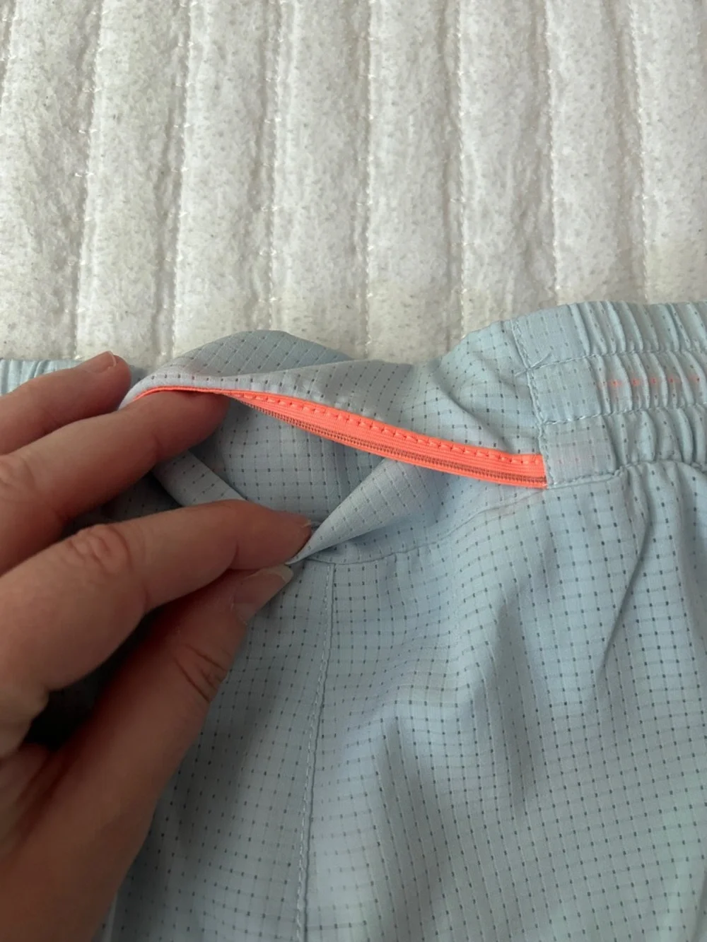 New Balance Light Blue Mesh Running Shorts with Orange Eyelets - Picture 4 of 8